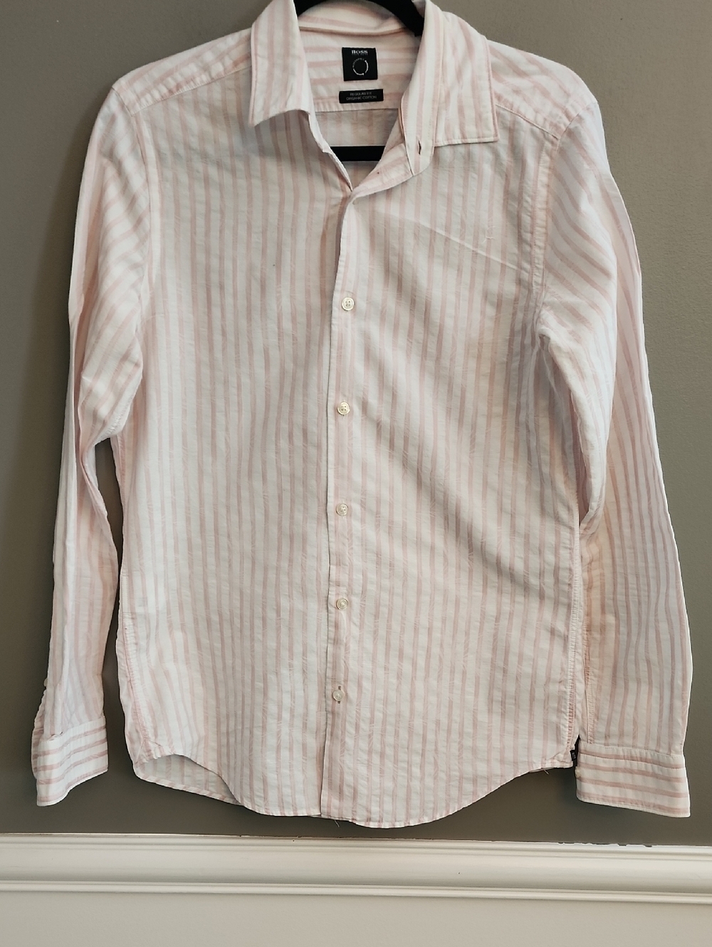 Boss Men’s Light Pink & White Striped Button-Up Shirt With Subyle Hawaiian Print